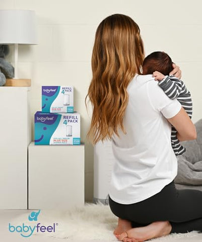 Babyfeel - Refis Compatíveis com DEKOR PLUS Lixeiras de Fraldas | 4 Pacotes | Espessura Extra Exclusiva 30%% | Refis para Lixeiras de Fraldas com Poderosa Eliminação de Odores | Fragrância de Pó Fresco | Capacidade de até