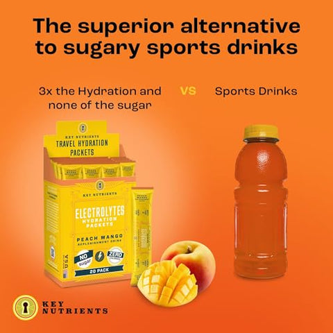 Pacotes de Pó de Eletrólitos – Sabor Pêssego Manga Tropical 20 Pacotes de Hidratação – Pó de Hidratação para Viagem – Sem Açúcar, Sem Calorias, Sem Glúten – Fabricado nos EUA - KEY NUTRIENTS