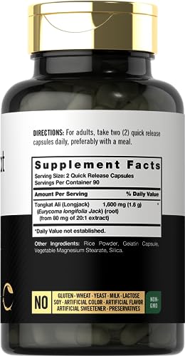 Tongkat Ali | 180 Cápsulas de Liberação Rápida | 1.600mg | Suplemento Livre de Transgênicos e Glúten - Carlyle