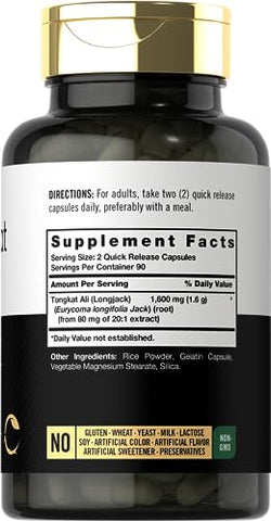 Tongkat Ali | 180 Cápsulas de Liberação Rápida | 1.600mg | Suplemento Livre de Transgênicos e Glúten - Carlyle