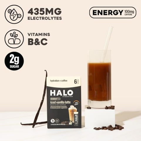 Iced Vanilla Latte – Pó Instantâneo Energético – Mistura Saudável de Café com Hidratação, Eletrólitos, Cafeína, Vitaminas e Minerais 20 Calorias Keto Baixa Caloria 1 x 12 - HALO Sport