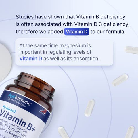 AgeImmune - Vitamina B Complexo – 60 Cápsulas com Vitaminas B6 20mg D3 1000UI Magnésio Bisglicinato 260mg Metil B12 1000mcg e Folato como Metilfolato 600mcg DFE. Fórmula Médica MTHFR