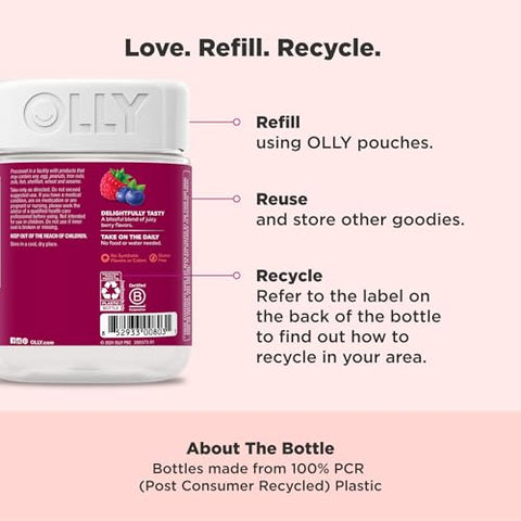 Gummy Multivitamínico Feminino, Vitaminas A, D, C, E, Biotina, Ácido Fólico, Vitamina Mastigável para Adultos, Sabor de Frutas Vermelhas, Suprimento de 65 Dias – 130 Unidades - OLLY