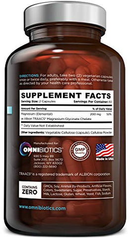 OmniBiotics - Suplemento de Magnésio Glicinato Albion TRAACS Bisglicinato Puro – 200 mg – 120 Cápsulas Vegetarianas