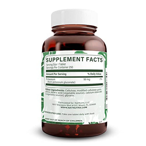 Gluconato de Potássio Elemental 99 mg – Energia, Sistema Nervoso, Saúde Cardíaca, Regulação Mineral, Função Muscular – 250 Comprimidos Veganos - Natural Nutra