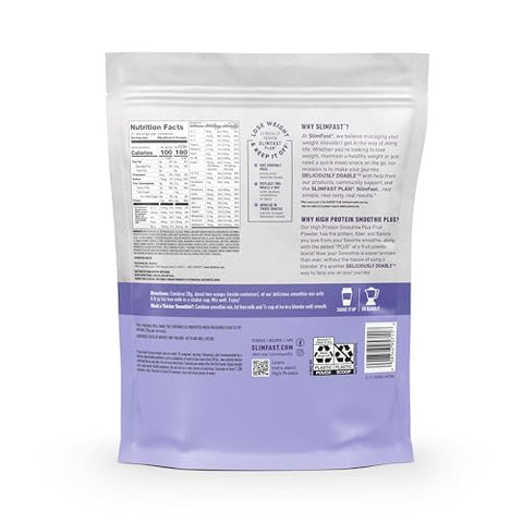 Smoothie Mix Plus Fruit Powder – Alto teor de proteína, substituto de refeição em pó, rico em fibras e vitamina C – 21 porções, 585g, Morango Banana - SlimFast