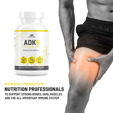 ALPHA RISE - ADK Suplemento de Vitamina em Óleo de Oliva para Melhor Absorção | ADK 5 Suplemento com Vitamina A D e K | 5000 UI de Vitamina D3 K2 (MK7 MK4) | 90 Cápsulas Líquidas | Vegetariano |