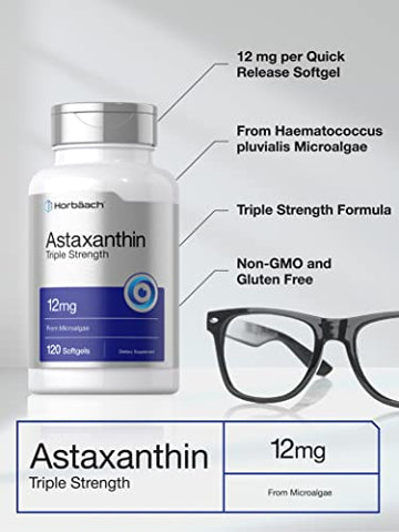 Astaxanthin 12mg | 120 Softgels | Triplo Forte | Suplemento de Microalgas | Não-OGM - Horbäach