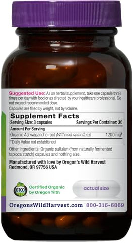Oregon's Wild Harvest - Oregon’s Wild Harvest Cápsulas Veganas de Ashwagandha Orgânica Certificada, 1200 mg, 90 Unidades