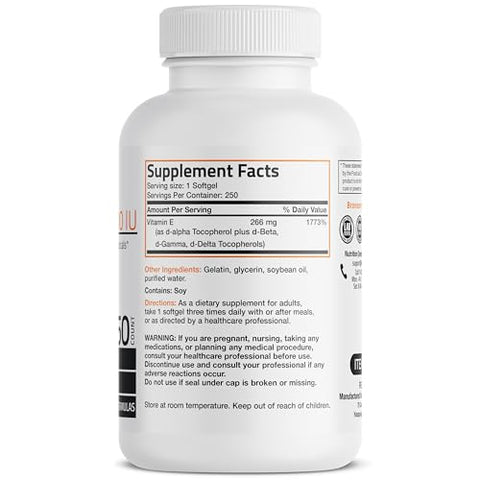 Complexo de Vitamina E Natural 400 UI (d-Alpha Tocopherol Plus d-Beta, d-Gamma) – 60 cápsulas | Saúde e Bem-Estar - Bronson