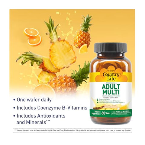 Multivitamínico Mastigável para Adultos Country Life com Coenzima B-Vitaminas, Antioxidantes, Minerais, Sabor Abacaxi-Laranja – Suporta Metabolismo Energético e Saúde Imunológica, Livre de Glúten – 60 comprimidos