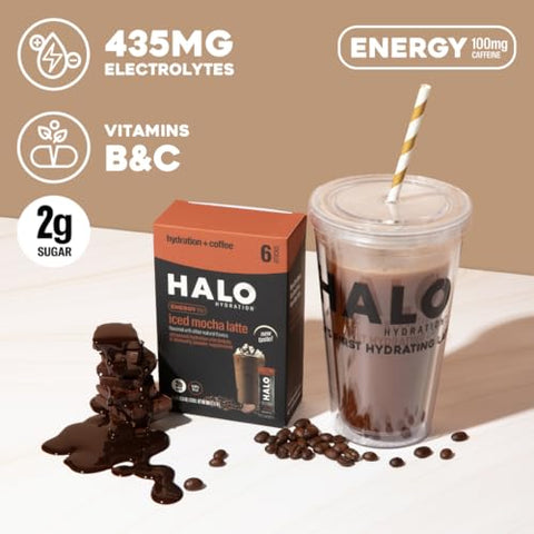 HALO Sport - HALO Iced Mocha Latte – Pó de Bebida Energética – Mistura de Café Saudável para Hidratação com Eletrólitos, Cafeína, Vitaminas e Minerais – 20 Calorias – Keto e Baixa Caloria – 1 x 12