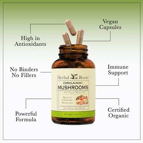 Cápsulas de Suplemento de Cogumelos Herbal Roots | Mistura de 8 Cogumelos Orgânicos | Turkey Tail, Lion’s Mane, Shiitake, Cordyceps, Reishi, Chaga, Maitake, Snow | 60 Cápsulas Veganas