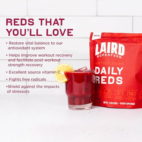 Pó Laird Superfood Antioxidante Diário Vermelho, Combate aos Radicais Livres, Vitamina C, Manganês, 2 Porções de Frutas e Vegetais por Porção, 420g (30 Porções)