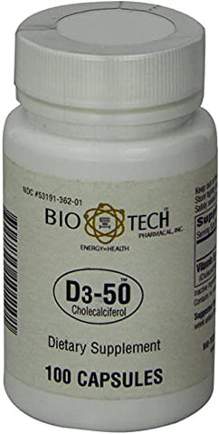 D3-50 50.000 UI, 100 Cápsulas – Suplemento Natural para Suporte Ósseo, Cardíaco e Neuromuscular - Bio-Tech Pharmacal
