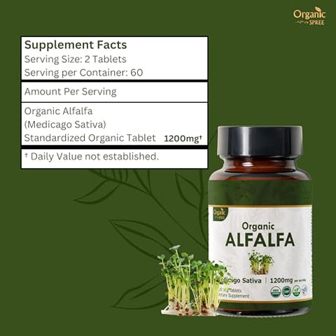 ORGANIC SPREE - Alfalfa 120 Comprimidos | Medicago Sativa (Alfafa) | Orgânico e Natural | Suplemento Superfood com Vitaminas e Minerais | Vegano e Certificado pelo USDA 120tab