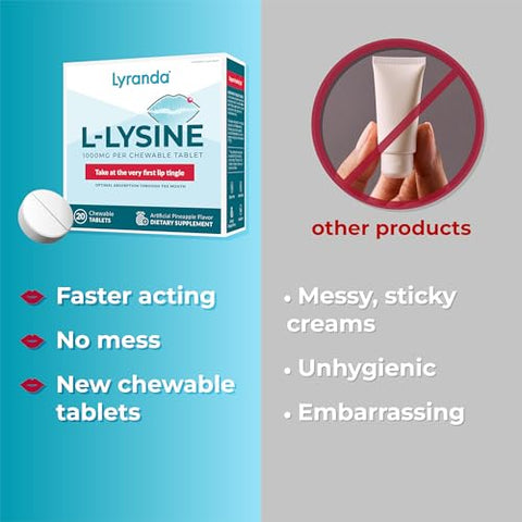 Lyranda - Tabletes mastigáveis de L-Lisina 1000 mg para tratar herpes labial – Absorção mais rápida e melhor higiene