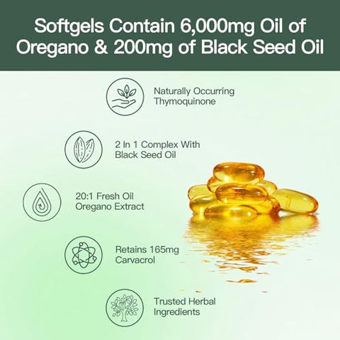 VivoNu - Óleo de Orégano Cápsulas Softgels | 6000mg de Óleo de Orégano com 200mg de Óleo de Semente Preta | Extrato Orgânico de Óleo de Orégano | Antioxidantes Naturais para Fitness | Livre de Transgênicos | Fórmula sem Glúten
