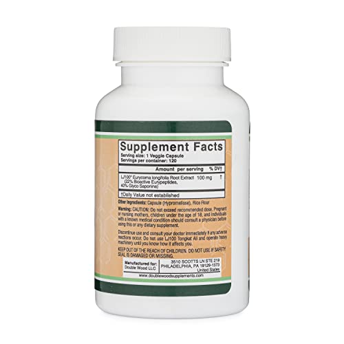 Double Wood Supplements - LJ100 Tongkat Ali para Homens (120 Cápsulas) – Fórmula Patenteada e Comprovada Clinicamente para a Saúde Masculina (LJ100 Std a 40% de Glicosaponinas, 22% de Euripeptídeos) por