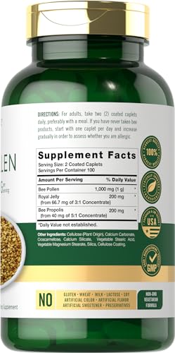 Suplemento de Pólen de Abelha 1000mg | 200 Comprimidos | com Geleia Real e Própolis de Abelha | Vegetariano, Não-OGM, Sem Glúten | Carlyle - Carlyle