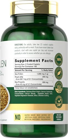 Suplemento de Pólen de Abelha 1000mg | 200 Comprimidos | com Geleia Real e Própolis de Abelha | Vegetariano, Não-OGM, Sem Glúten | Carlyle - Carlyle