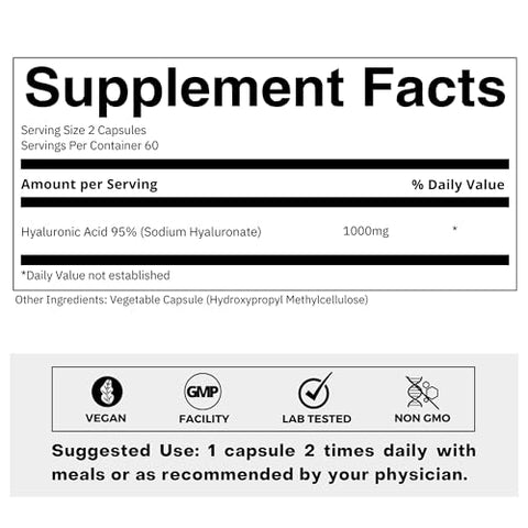 FOLIUS LABS - Cápsulas de Ácido Hialurônico de Ultra Alta Pureza 500mg – 95% Hialuronato de Sódio – Altamente Purificado e Bioacessível – Baixo Peso Molecular – Não-OGM Fermentado – 120 Cápsulas