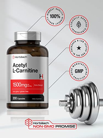 Suplemento Horbäach Acetyl L-Carnitina 1500mg | 200 Cápsulas | Alta Potência ALCAR | Sem OGM, Sem Glúten