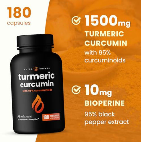 NutraChamps - Curcumina de Cúrcuma com Extrato de Pimenta Preta 1500mg | 95%% Curcuminoides Suplemento Extra Forte para Saúde das Articulações, Cérebro, Coração | 1500mg | Saúde Articular, Cérebro, Coração