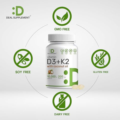 DEAL SUPPLEMENT - Vitamina D Sunshine – D3 10000 UI com K2 MK7 200mcg, Infundida com Óleo de Coco Virgem, Suporte para Ossos, Dentes e Sistema Imunológico – Fácil de Engolir