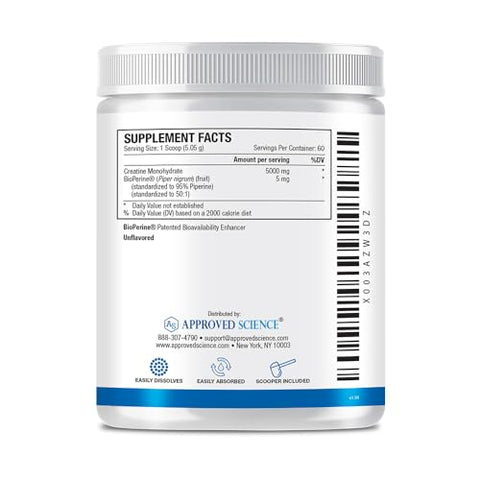 Creatina Monohidratada em Pó Approved Science com BioPerine – Suporte para Treino – 120 Porções – 5g por Porção – Sem Sabor – Pacote com 2 – Não-OGM, Vegano