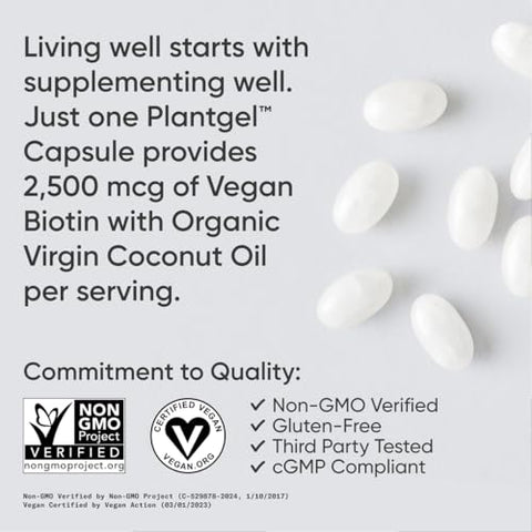 Vegan Biotin 2500mcg com Óleo de Coco Orgânico – Biotina Extra Forte Vitamina B7 para Cabelos Mais Saudáveis – 60 cápsulas - Sports Research