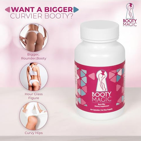 Booty Magic - Pílulas para Aumento do Bumbum – 2 Meses de Fornecimento de Pílulas para um Bumbum Maior, Mais Arredondado e Volumoso com Extrato de Raiz de Maca e Extrato de Feno-Grego