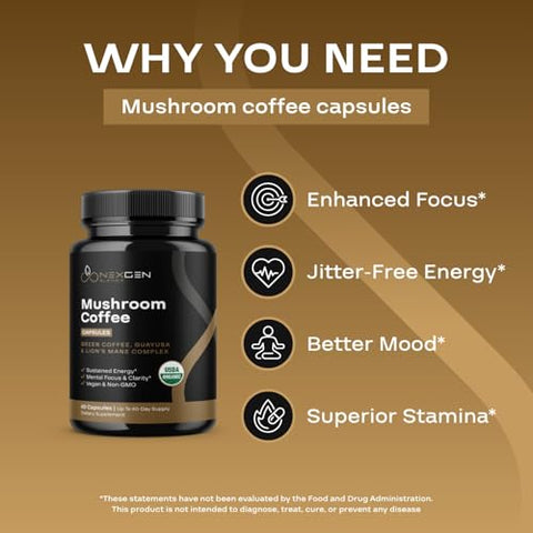 NEXGEN BLENDS - Café Alternativo 100% Orgânico de Cogumelo – Suplemento de Cogumelo do Leão Orgânico com Guayusa Patenteada