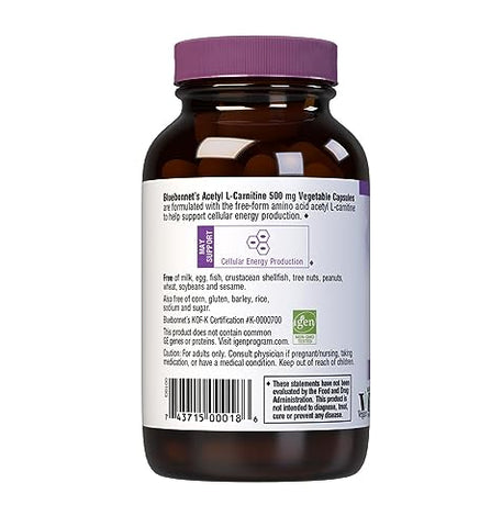 Bluebonnet - BlueBonnet Acetyl L-Carnitine 500 mg Cápsulas de Vitamina, 60 Unidades