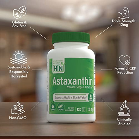 Health Thru Nutrition - Astaxantina Triplo Forte 12mg 120 Softgels | AstaZine de Algas Cultivadas Organicamente em Água Pura do Himalaia | Suporte para Pele e Visão | Não-OGM | Saúde Através da Nutrição