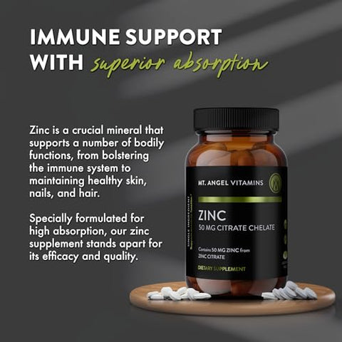Citrato de Zinco 50mg – Quelato de Citrato de Zinco – 60 Comprimidos Vegetarianos - Mt. Angel Vitamins