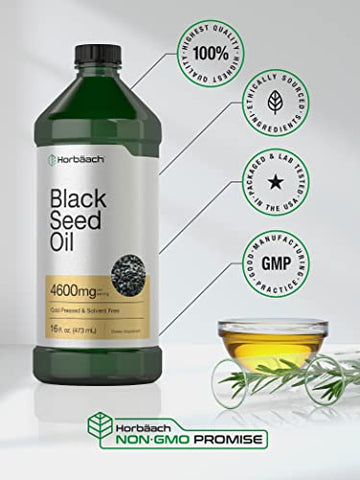 Óleo de Semente Preta Líquido 473ml | 4600mg | Suplemento de Nigella Sativa Prensado a Frio | Vegetariano, Não-OGM, Sem Glúten, Fórmula Livre de Solventes - Horbäach