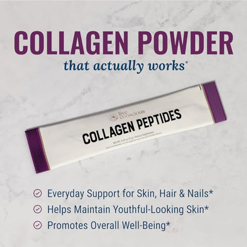 Pó de Peptídeos de Colágeno Live Conscious em Pacotes – Colágeno Hidrolisado em Pó – Cabelo, Pele, Unhas – Embalagem sem Sabor – 100% Natural