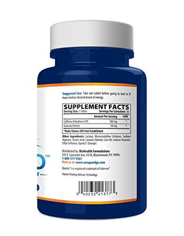 Suplemento Natural para Acordar – Comprimido de Cafeína de Liberação Retardada Patenteado – Facilita Acordar e Levantar da Cama – 30 Comprimidos - amUPandGO