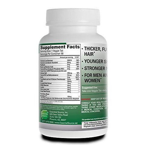 Essential Source - Biotina – 90 Comprimidos Vegetais – Fortalece Cabelos, Pele e Unhas – Vitamina A, C, B12 – Alta Potência para Crescimento Capilar (5000 MCG)