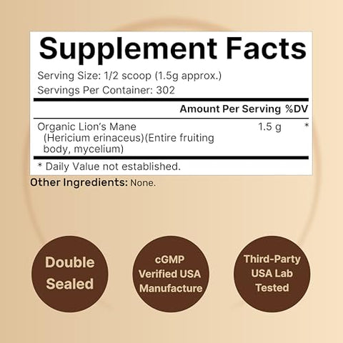 Pó de Cogumelo do Leão Orgânico 1.500mg Por Porção, 454g | Corpo Frutífero Inteiro - NatureBell
