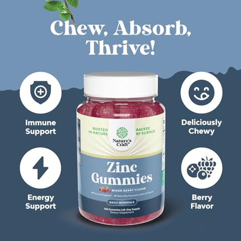 Natures Craft - Gomas de Zinco Extra Forte para Adultos – Gomas de Citrato de Zinco Mastigáveis 50mg – Imunidade para Adultos – Kosher Halal Sem Glúten e Gelatina Livre de OGM Sem Nozes – Sabor Incrível de Zinco