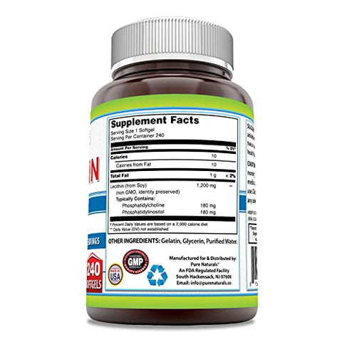Lecithin 1200 mg Softgels | Alta Potência | Livre de Transgênicos | Sem Glúten (240 Unidades) - Pure Naturals