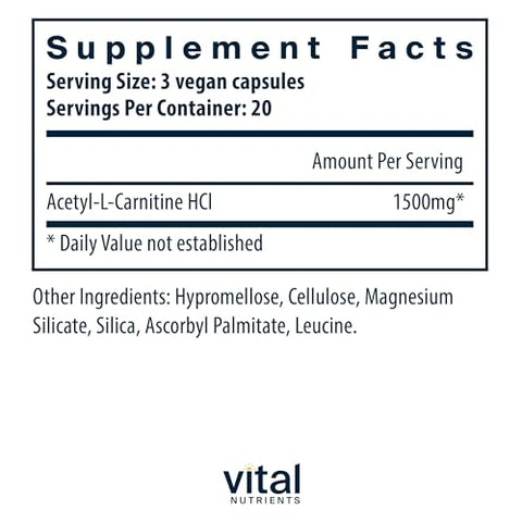 Acetyl L-Carnitine 500mg | Suporte Cerebral, Memória e Cognição | Vegano | Sem Glúten, Laticínios e Soja | Não-OGM | 60 Cápsulas - Vital Nutrients
