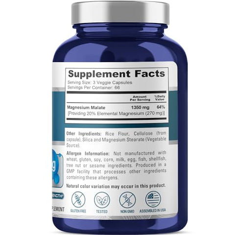 Magnesium Malate 1350mg – 200 Cápsulas Vegetais (Vegano, Não-OGM, Sem Glúten) - NusaPure