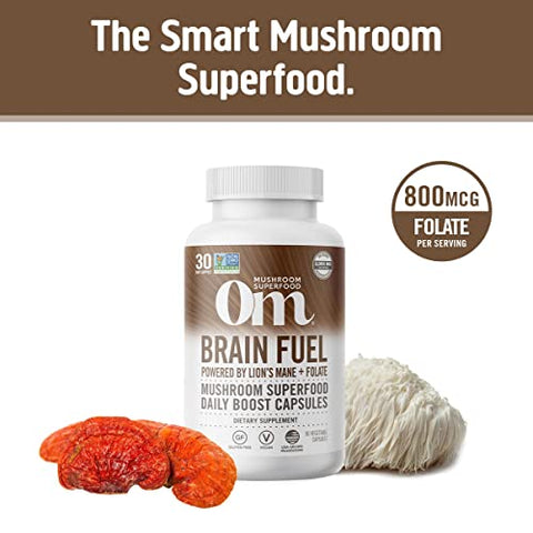 Mushroom Superfood Cápsulas de Pó de Cogumelo para o Cérebro, 90 Unidades, 30 Dias, Lion’s Mane, Reishi Blend Plus Folate, Clareza Mental, Suplemento de Cogumelo - OM