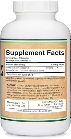 Astragalus 500mg 180 Cápsulas – Rico em Flavonoides e Polissacarídeos – Não-OGM, Sem Glúten, Testado por Terceiros - Double Wood Supplements