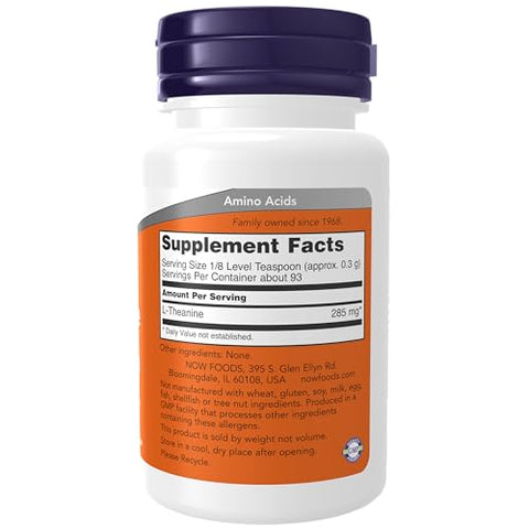 Suplementos, Pó Puro de L-Teanina, Gerenciamento de Tensão, Aminoácido, 28g - NOW Foods