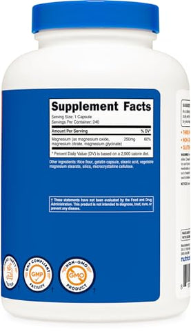 Complexo de Magnésio 250mg, 240 Cápsulas – Óxido, Citrato e Glicinato de Magnésio – Livre de Glúten e Não-OGM - Nutricost