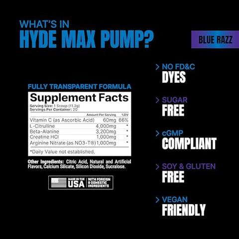 Hyde Max Pump Pré-Treino para Homens e Mulheres – Suplemento de Óxido Nítrico para Aumento de Volume e Resistência – Pré-Treino sem Estimulantes para Promover Fluxo Sanguíneo e Força Muscular - PROSUPPS